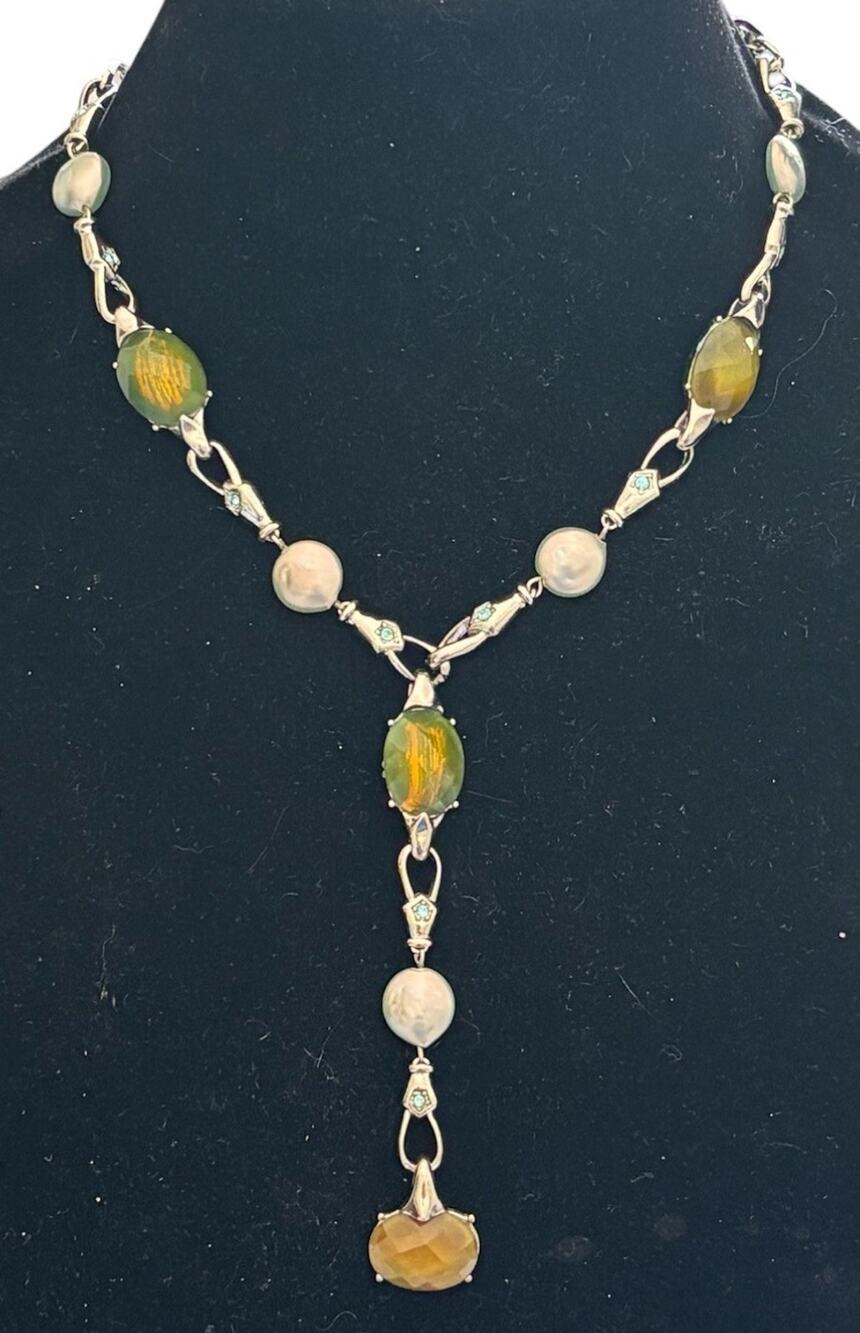 Dana Buchman Silver Tone Lariat Faux Pearl Rhinestone Chain Necklace Jewelry